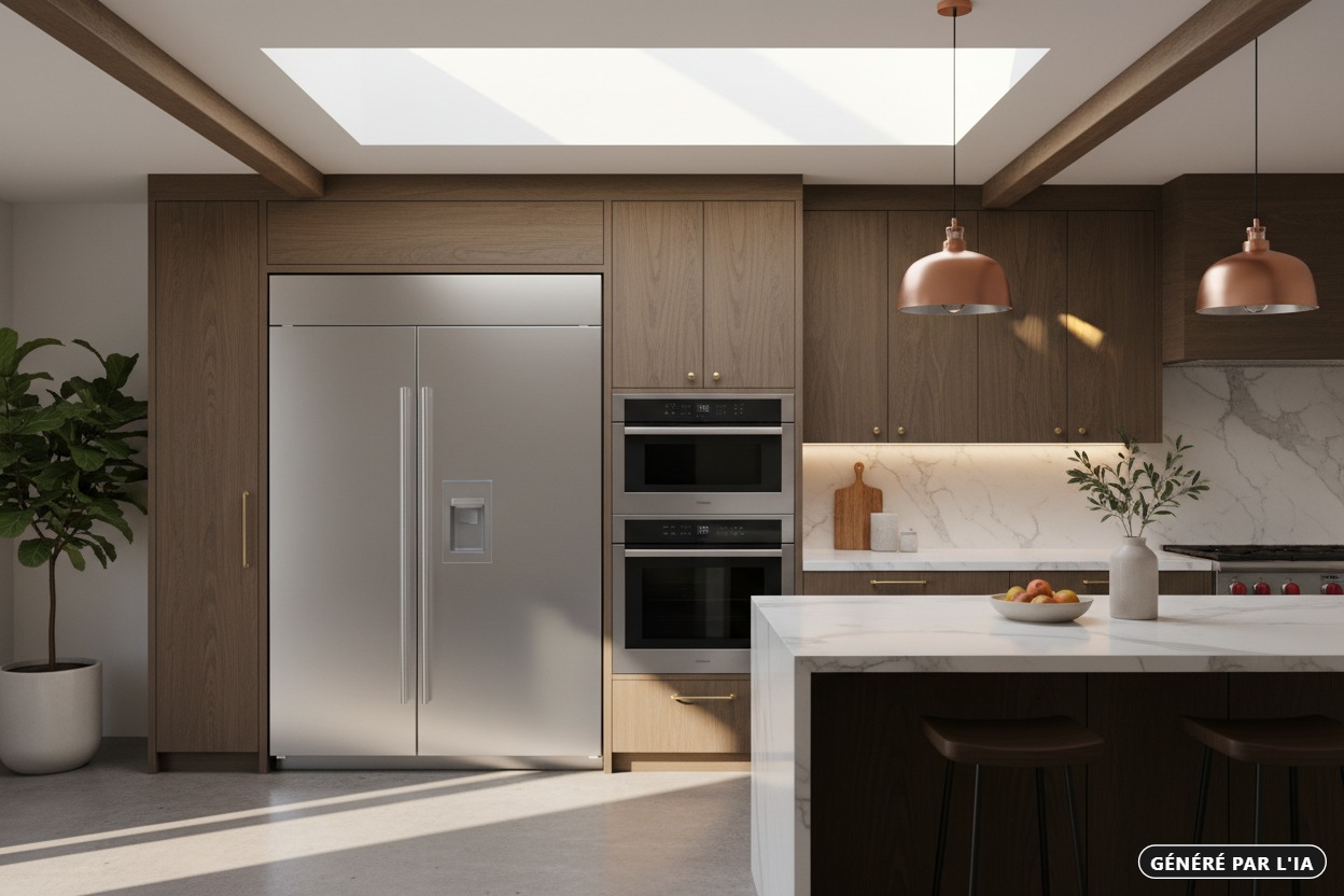 Généré par IA : Cuisine moderne avec des armoires en bois, des appareils électroménagers en acier inoxydable et un îlot central en marbre sous un puits de lumière.